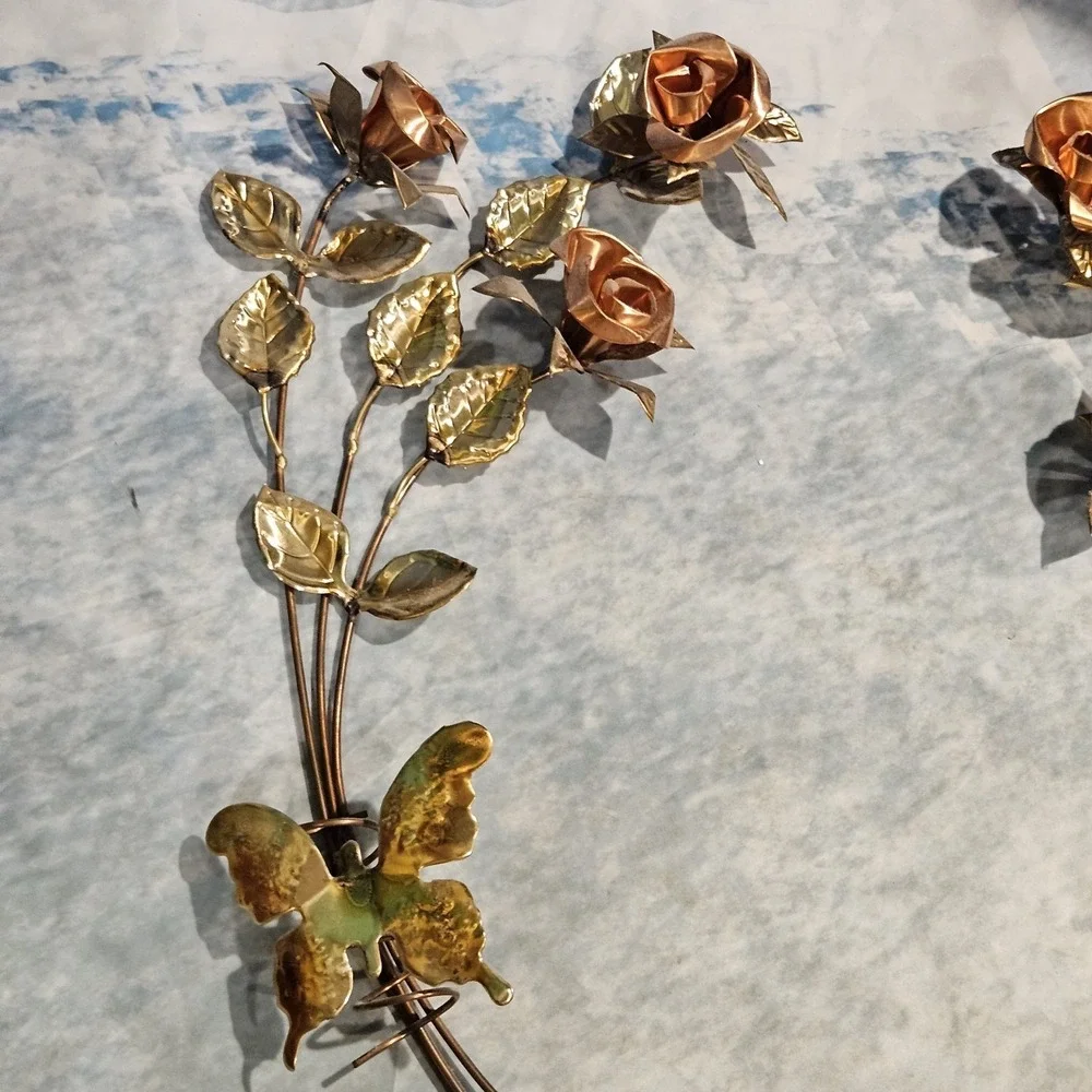 Vintage Metal Rose Wall Decor Gold Copper Butterflies Floral Hanging 20